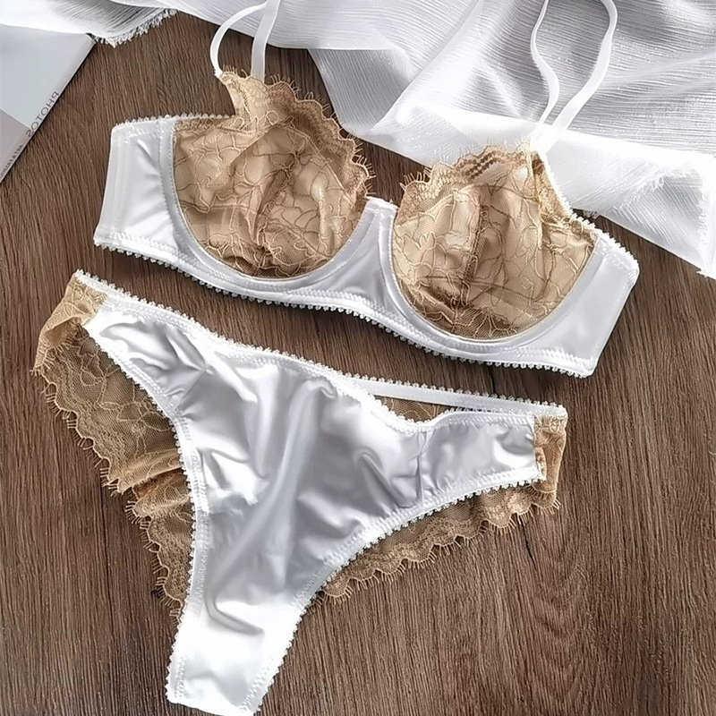 Kontrastno šivanje, ultratankom prozračna čipkasta grudnjik s čeličnim prstenom, 3/4 košarica, francuski stil, seksi čipkasti set