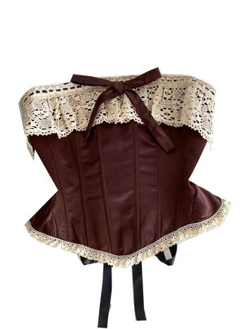 Csipkés horgolt korzet felső, fűzőzár, A-vonalú, levehető vállpántok, poliészter anyag