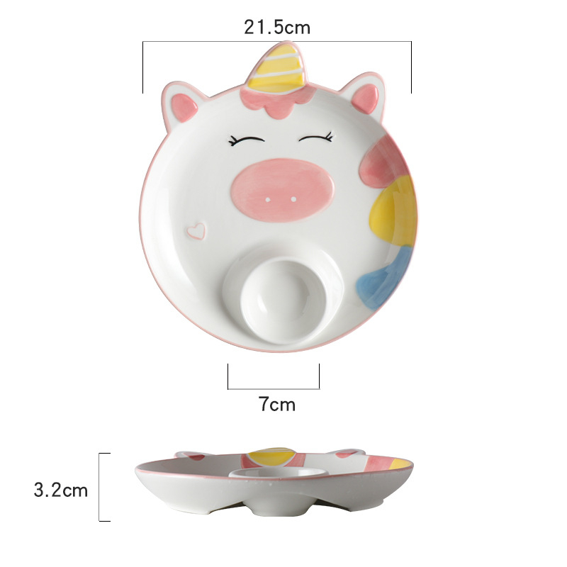 Porcelanski tanjur s podglazurnom, ručno oslikani simpatični karikaturni motiv, kružnog oblika, posuda za ocat, pogodna za mikrovalnu pećnicu