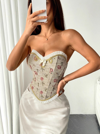 Top s jednim ramenom, bez naramenica, žakard uzorak, plisirani rub, bustier s kostima i vezicama