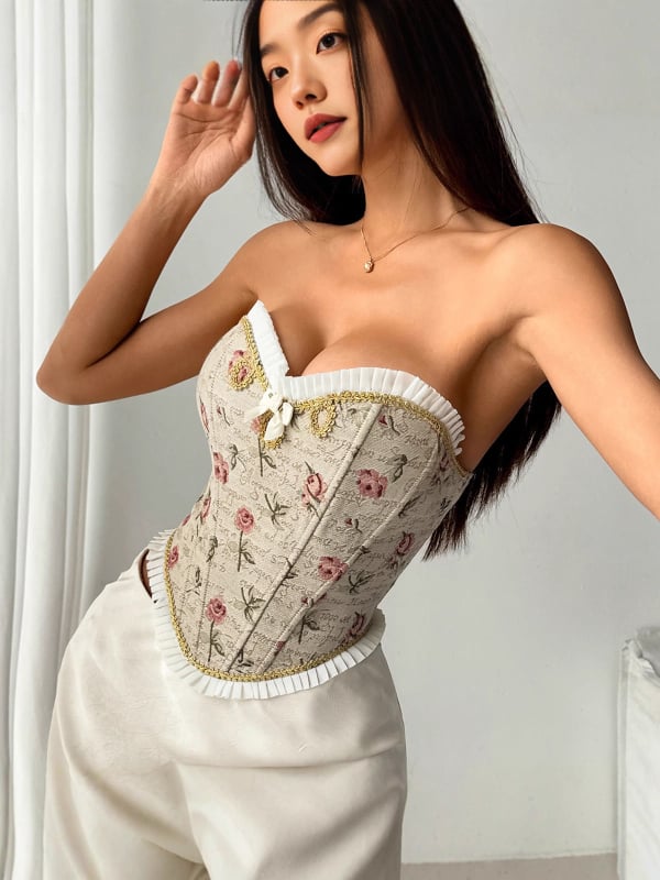 Top s jednim ramenom, bez naramenica, žakard uzorak, plisirani rub, bustier s kostima i vezicama