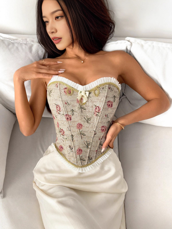 Top s jednim ramenom, bez naramenica, žakard uzorak, plisirani rub, bustier s kostima i vezicama