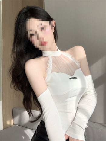 Seksi čipkasti halter top za žene s mrežom, kratki kroj, s trakama u obliku riblje kosti