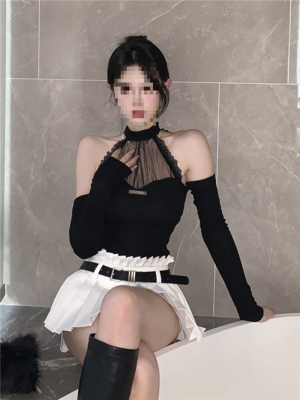 Seksi čipkasti halter top za žene s mrežom, kratki kroj, s trakama u obliku riblje kosti