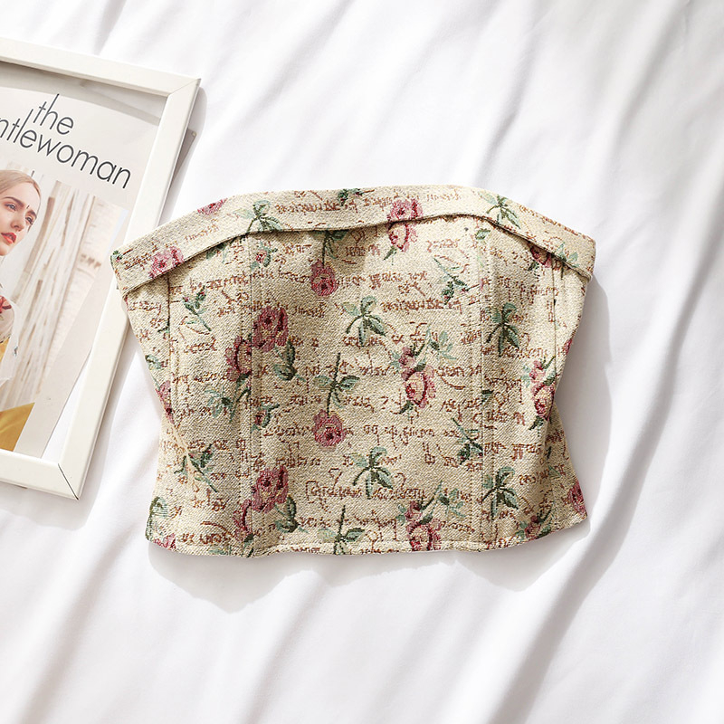 Top χωρίς τιράντες με Jacquard φλοράλ μοτίβο και επένδυση στήθους, στενή γραμμή, κοντό μήκος, πολυεστέρας