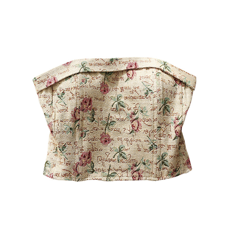 Top χωρίς τιράντες με Jacquard φλοράλ μοτίβο και επένδυση στήθους, στενή γραμμή, κοντό μήκος, πολυεστέρας