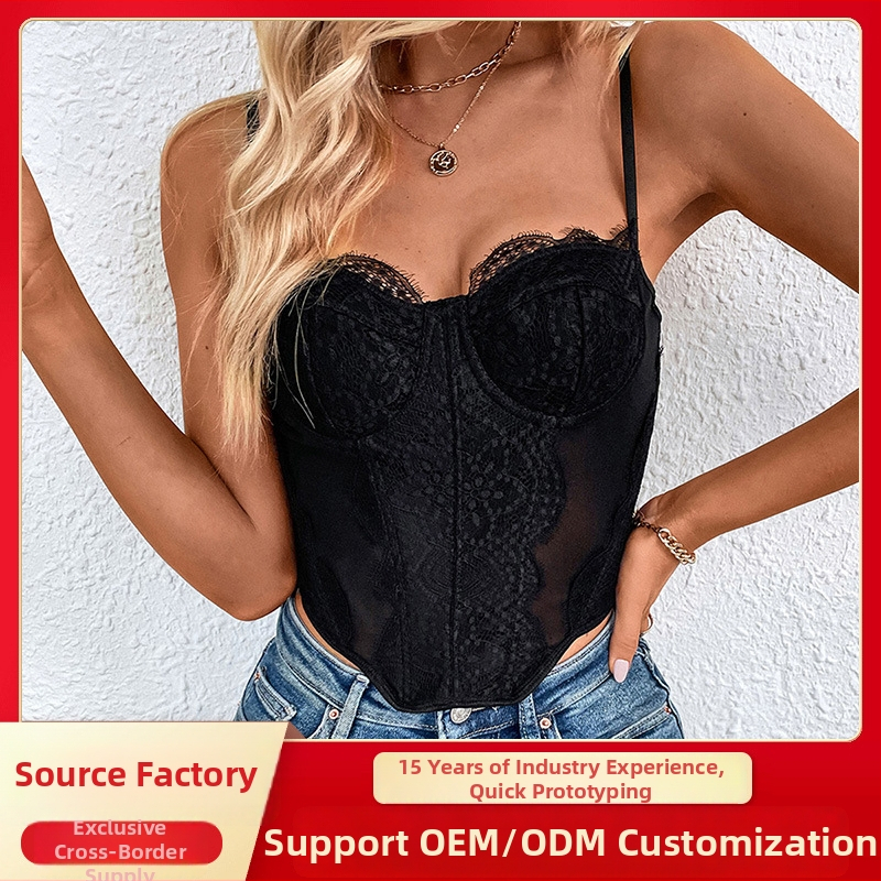 Čipkasti bustier s kostima — sling stil, uski kroj, ultra kratka duljina (≤40 cm)