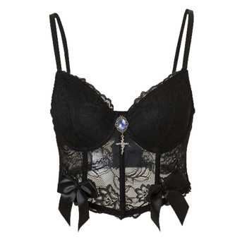 Дантелен потник с V-образно деколте, бродерия, панделка и метални украси с камъни, секси стил потник, тегло на плата 161–180 г/м²