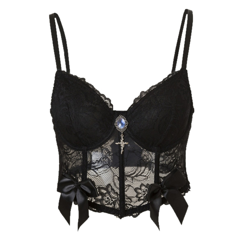 Дантелен потник с V-образно деколте, бродерия, панделка и метални украси с камъни, секси стил потник, тегло на плата 161–180 г/м²