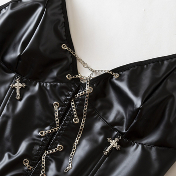 Потничка с корсет от рибена кост за талията, V-образно деколте, Y2K пънк халтер, полиестерна материя с метални детайли и диамантени акценти