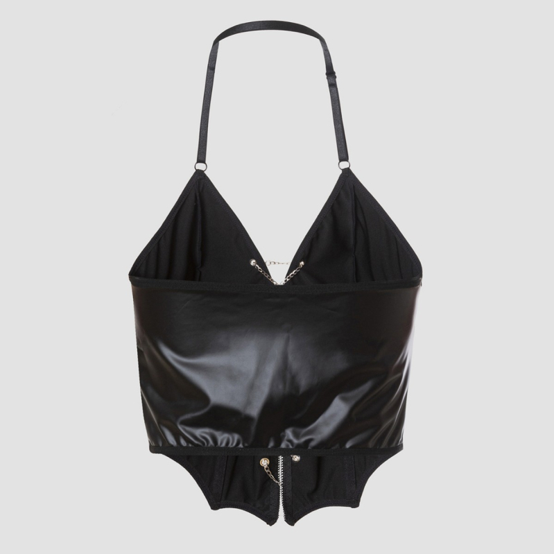 Потничка с корсет от рибена кост за талията, V-образно деколте, Y2K пънк халтер, полиестерна материя с метални детайли и диамантени акценти