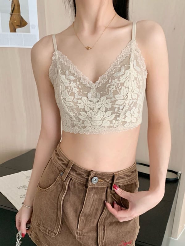 Francuski stil čipkasta camisola s trokutastim košaricama za žene, push-up bandeau grudnjak s čipkastim obrubom i lijepim leđima