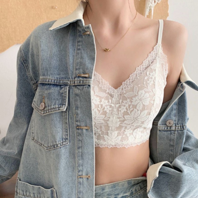 Francuski stil čipkasta camisola s trokutastim košaricama za žene, push-up bandeau grudnjak s čipkastim obrubom i lijepim leđima
