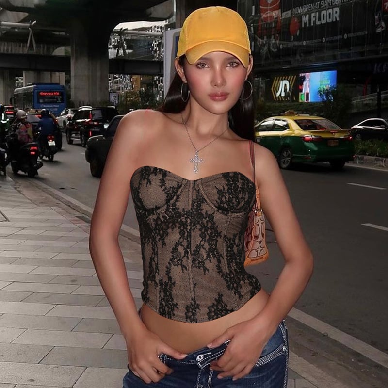 Tube top bez naramenica s čipkom, uskog kroja, nylon-spandeks smjesa