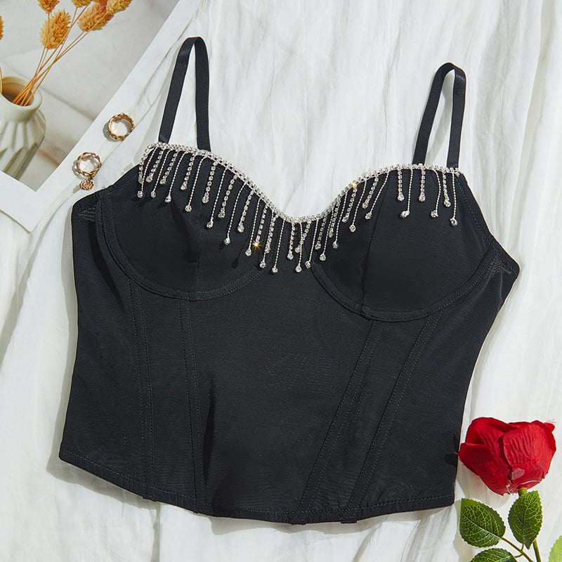 Camisole top s kristalima na lancima i resicama, tanak kroj, dvostruke naramenice