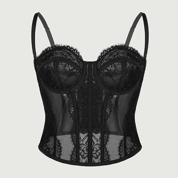 Čipkasti bustier bodi s ribljim kostima, uski kroj, ultra kratka duljina ≤40 cm, jedna fiksna naramenica, poliester s spandeksom