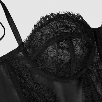 Čipkasti bustier bodi s ribljim kostima, uski kroj, ultra kratka duljina ≤40 cm, jedna fiksna naramenica, poliester s spandeksom