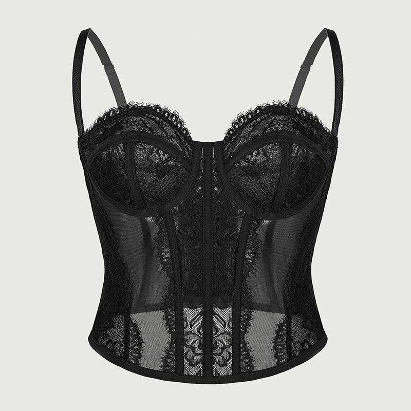Čipkasti bustier bodi s ribljim kostima, uski kroj, ultra kratka duljina ≤40 cm, jedna fiksna naramenica, poliester s spandeksom