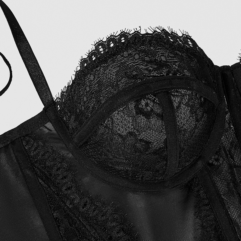 Čipkasti bustier bodi s ribljim kostima, uski kroj, ultra kratka duljina ≤40 cm, jedna fiksna naramenica, poliester s spandeksom