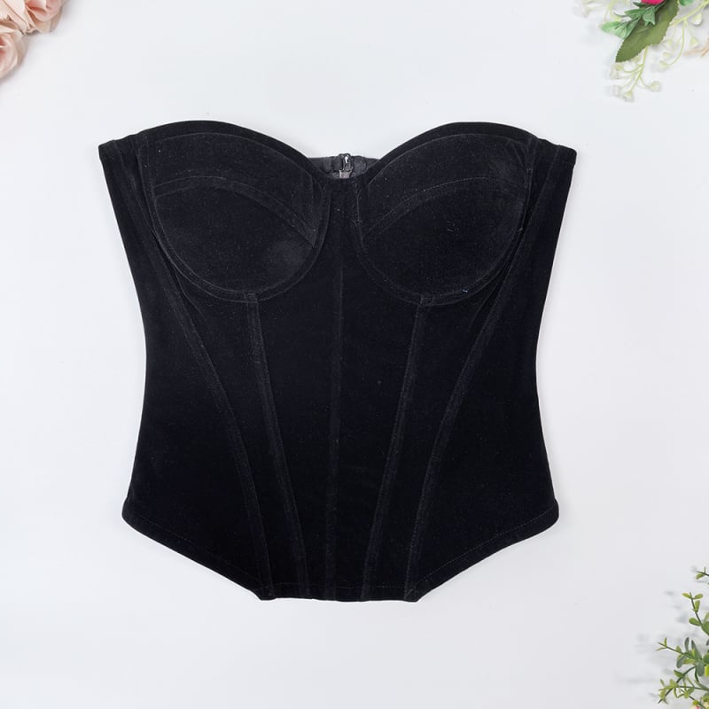 Τοπ χωρίς τιράντες από βελούδινο πλεγμένο, κορσέ σε στυλ γιλέκου με ψαροκόκαλα, 3/4 κύπελλο, ύφασμα για κύπελλα νάιλον