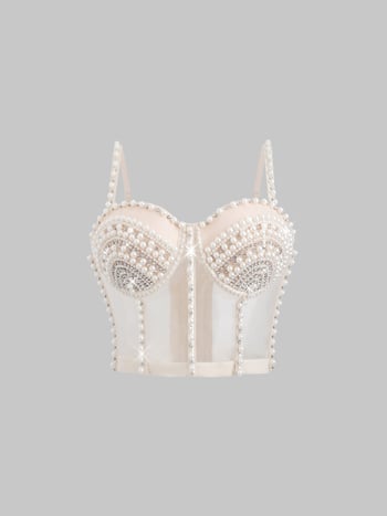 Top cu decupaj și siluetă în formă de os de pește, aplicații cu perle și diamante, croi slim, material poliester