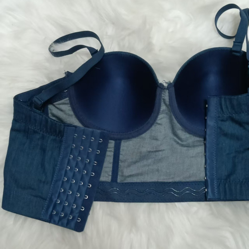 Camisolă din denim cu susținere fishbone, cupă 3/4, pernă pentru sân, bretele detașabile dublu, închidere spate cu patru rânduri