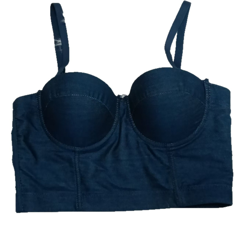 Camisolă din denim cu susținere fishbone, cupă 3/4, pernă pentru sân, bretele detașabile dublu, închidere spate cu patru rânduri