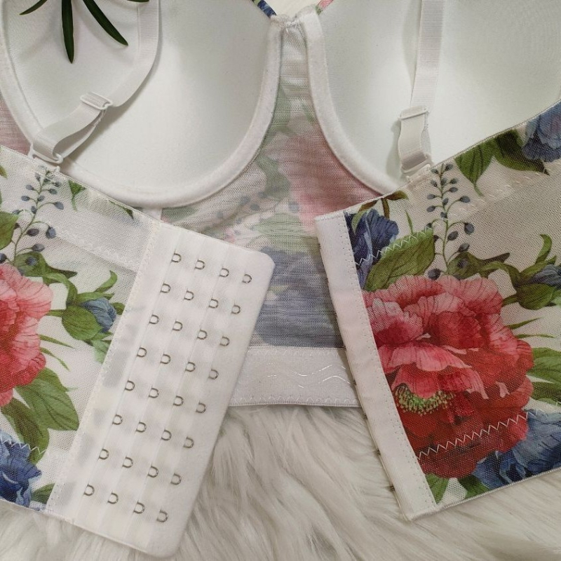 Ženski crop top camisole s mrežastim uzorkom, košarice 3/4, umetnuti jastučići za dojke, odvojive dvostruke naramenice, stražnje zaključavanje s četiri reda kukica