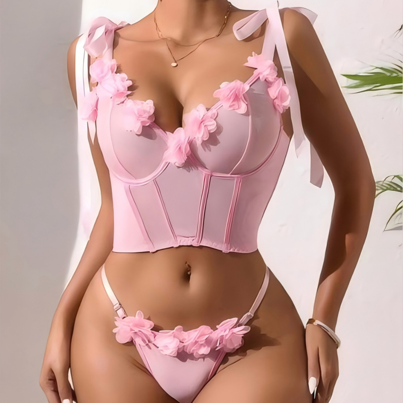 Sexy set donjeg rublja za žene s 3D cvjetnim uzorkom i mrežastim materijalom, naramenice, poliester 90–95%