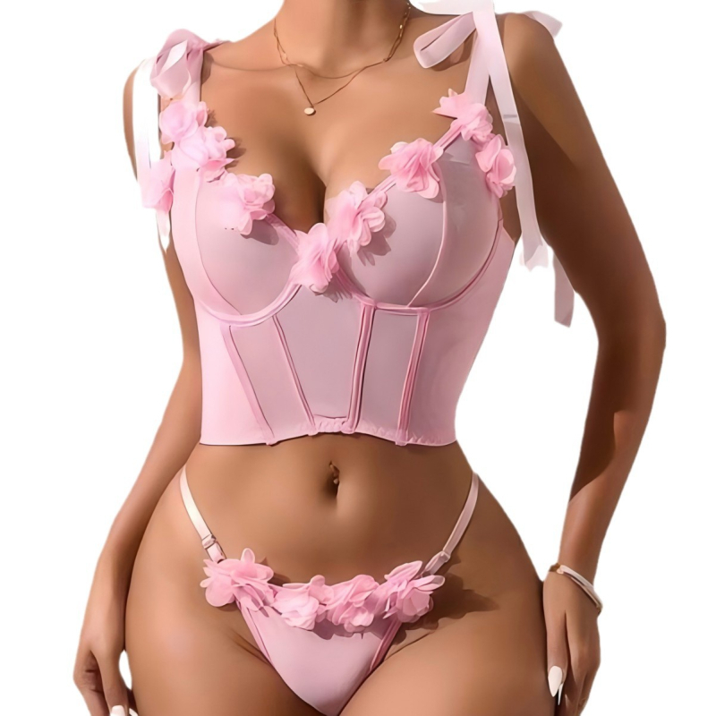 Sexy set donjeg rublja za žene s 3D cvjetnim uzorkom i mrežastim materijalom, naramenice, poliester 90–95%