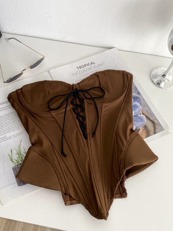 Korsetni top s ribljim kostima - bez ramena, visokim strukom, bez rukava, kratka duljina 40-50 cm, najlon/spandeks smjesa