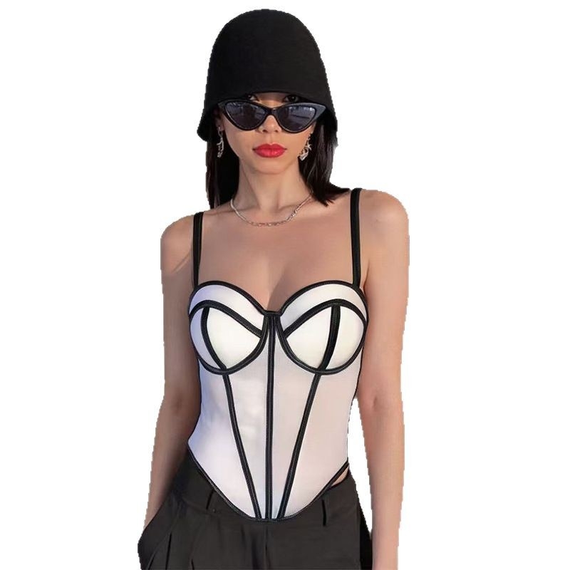 Geometrijski mrežasti kamizol bez naramenica, otvoreno leđa, retro stil, prozračni poliester