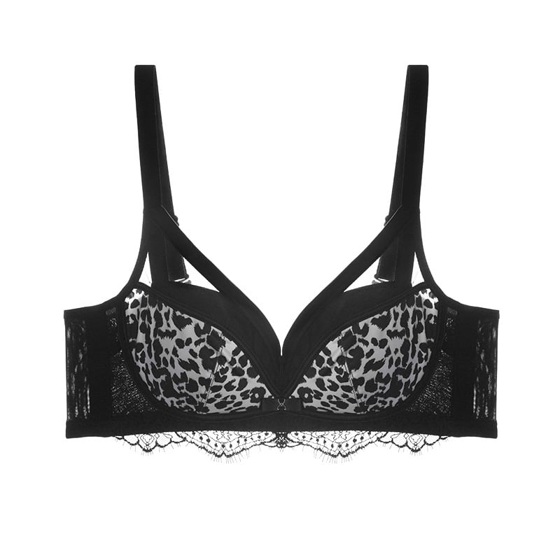 Leopárd mintás melltartó, 3/4 kosár, nylon anyag, hátul három sor kapocs, fix kettős vállpántok, gyűjtő és push-up, légáteresztő, állítható.