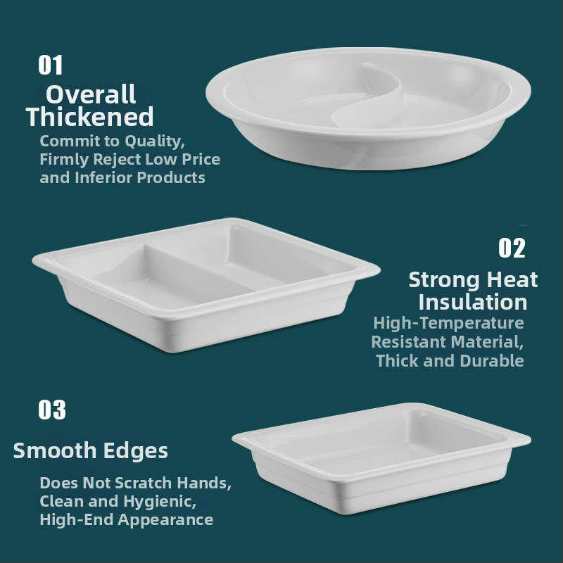 Keramická vnútorná nádoba pre bufet na udržiavanie tepla, s obdĺžnikovým tanierom na jedlo a kruhovým keramickým tanierom, Jiaojiexing značka, vhodné pre hotely a reštaurácie