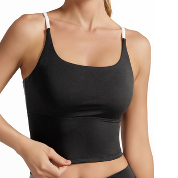 Sportinė liemenėlė treniruotėms: Y formos petys, U formos taurės, be siūlių dizainas, storos formuojančios taurės, nailon-spandekso mišinys (82.5% nailonas, 17.5% spandekso pamušalas).