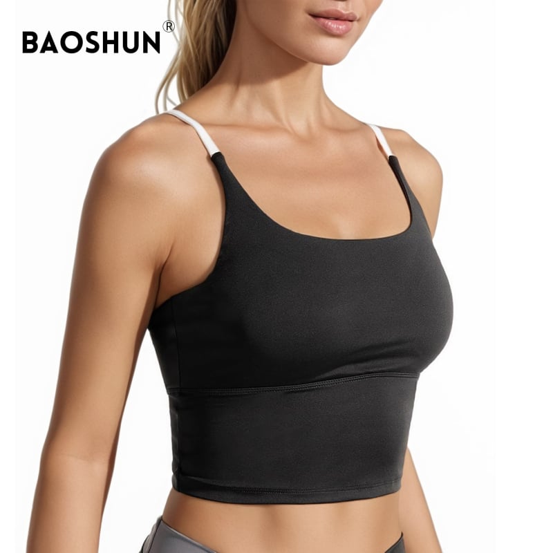 Sportinė liemenėlė treniruotėms: Y formos petys, U formos taurės, be siūlių dizainas, storos formuojančios taurės, nailon-spandekso mišinys (82.5% nailonas, 17.5% spandekso pamušalas).