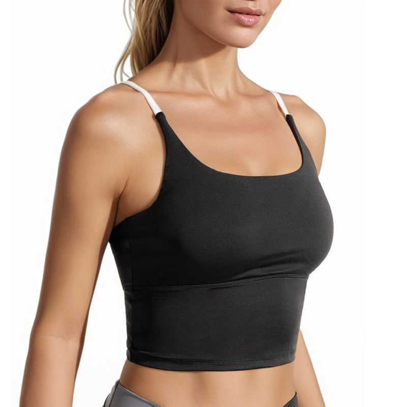 Sportinė liemenėlė treniruotėms: Y formos petys, U formos taurės, be siūlių dizainas, storos formuojančios taurės, nailon-spandekso mišinys (82.5% nailonas, 17.5% spandekso pamušalas).