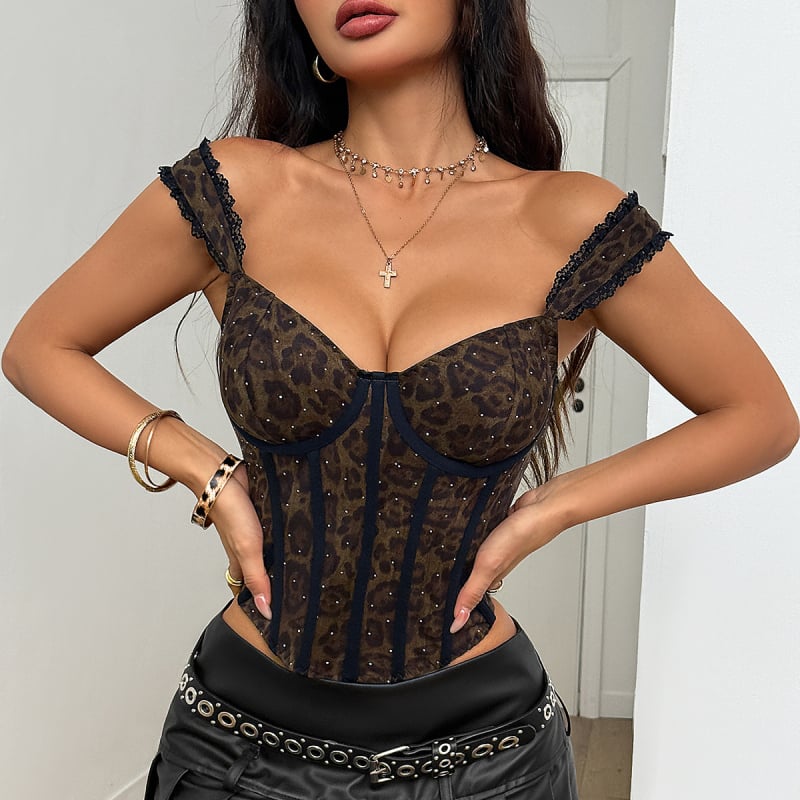 Top s leopard uzorkom, duboki V izrez, rub s šljokicama, uski kroj, poliester
