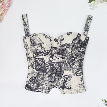 Vintage camisole u francuskom stilu, uski kroj, palatni stil, otisak s glavom tigra i ribljom kostom, kratka duljina 40–50 cm, poliester/elastan