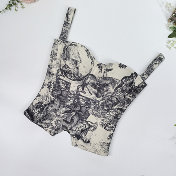 Vintage camisole u francuskom stilu, uski kroj, palatni stil, otisak s glavom tigra i ribljom kostom, kratka duljina 40–50 cm, poliester/elastan