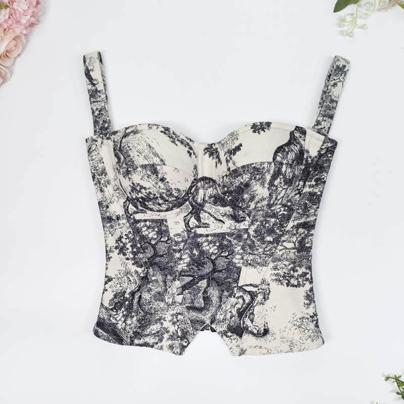 Vintage camisole u francuskom stilu, uski kroj, palatni stil, otisak s glavom tigra i ribljom kostom, kratka duljina 40–50 cm, poliester/elastan