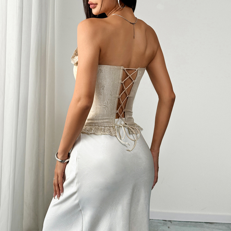Ženski strapless top s čipkom, gotički stil, struk tip, cvjetni uzorak, poliester-spandeks (≥95% poliester, <30% spandeks)