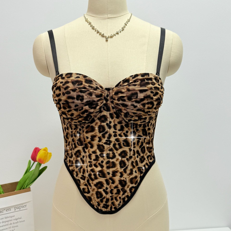 Leopard uzorka cami top s korzetom od riblje kosti, slim-fit, bez naramenica, poliester
