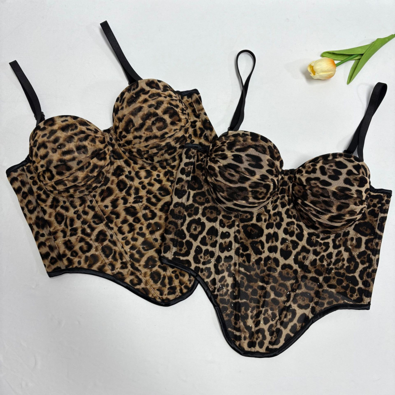 Leopard uzorka cami top s korzetom od riblje kosti, slim-fit, bez naramenica, poliester
