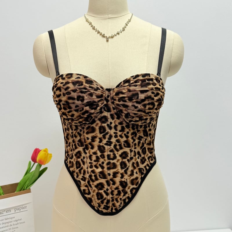 Leopard uzorka cami top s korzetom od riblje kosti, slim-fit, bez naramenica, poliester