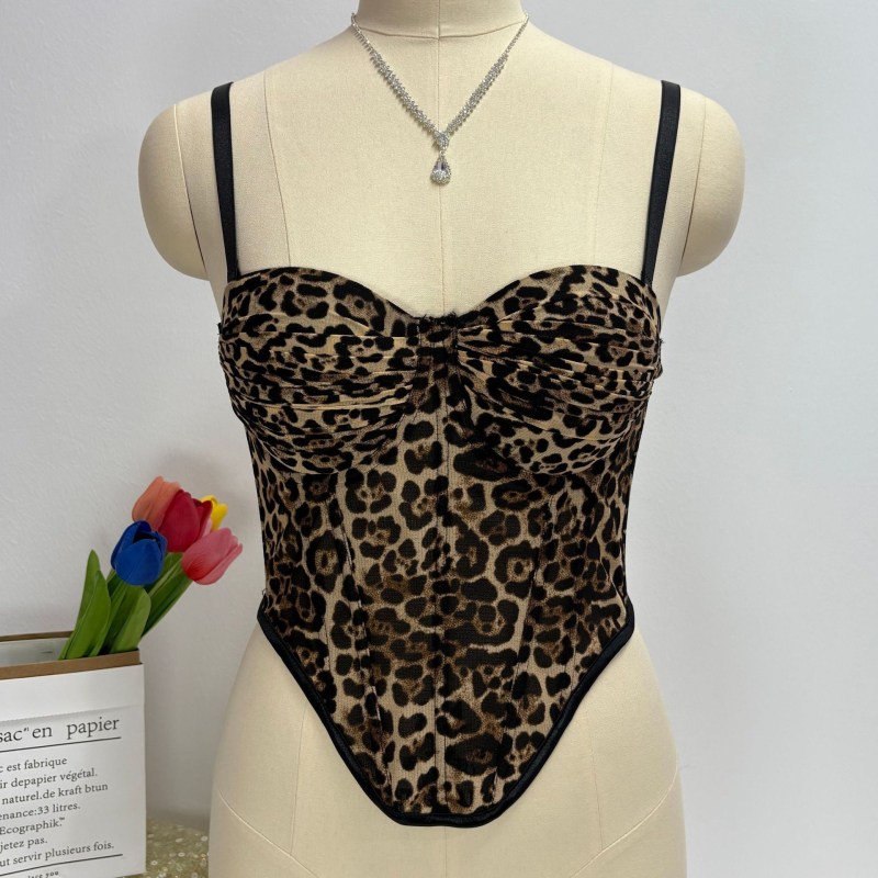 Leopard uzorka cami top s korzetom od riblje kosti, slim-fit, bez naramenica, poliester