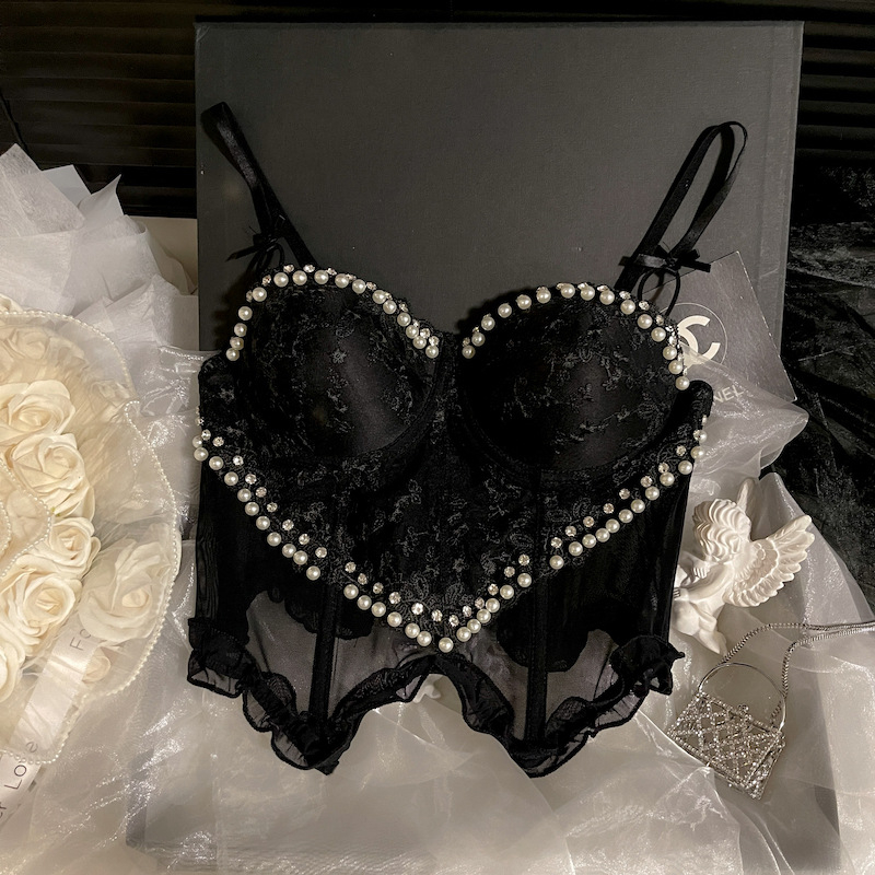 Halter top s mrežastom čipkom – uski kroj, vezanje trakama, jednobojni uzorak, akril 95%+