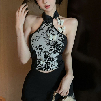 Κορμάκι με λαιμό halter, στενή γραμμή, κοντό μήκος 40–50 cm, πολυεστέρας, μοτίβο αστικό τοπίο