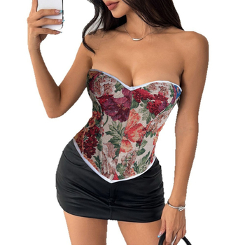 Bustier топ с костни ребра и флорален принт, къс модел, дължина 40–50 cm, полиестер с еластан