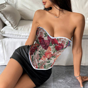 Bustier топ с костни ребра и флорален принт, къс модел, дължина 40–50 cm, полиестер с еластан